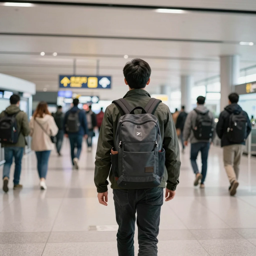 Traveler arriving at scenic destination with backpack