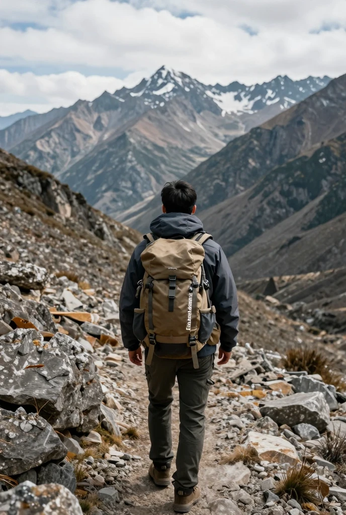 Traveler with Bestelegantie backpack exploring mountain terrain