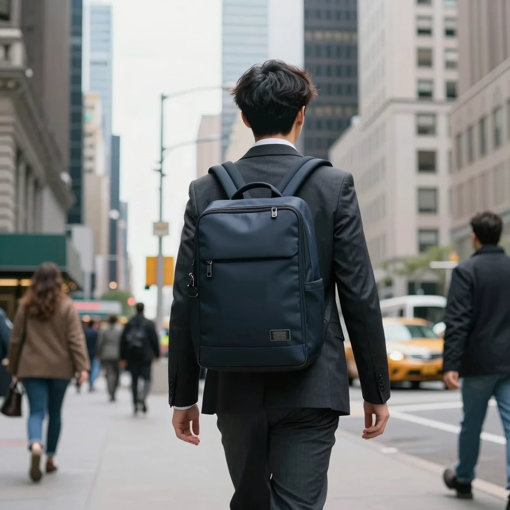 Professional using Bestelegantie backpack in urban setting