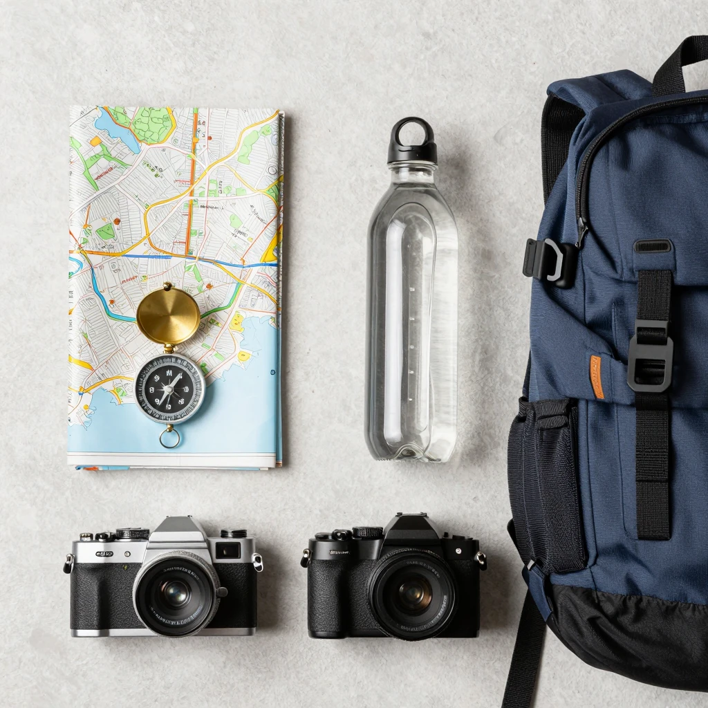 Organized travel essentials laid out with Bestelegantie backpack
